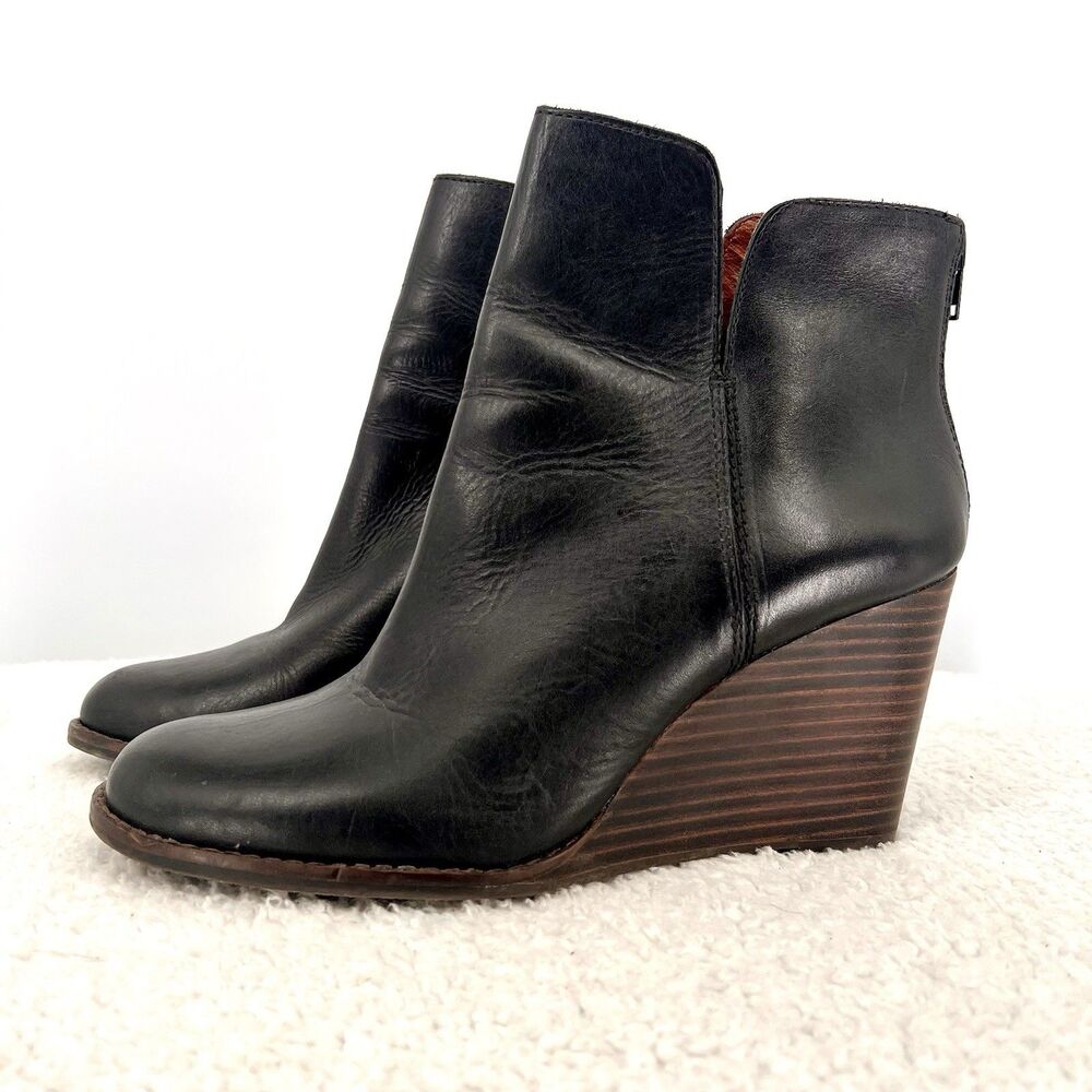 LUCKY BRAND Yolene Leather Boots Womens Size 9.5M Wedge Black Zipper Retro Boho
